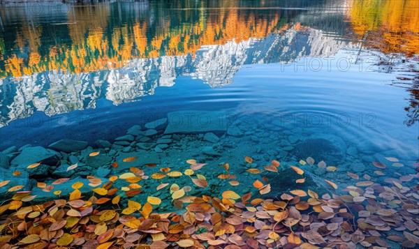 The vibrant colors of autumn reflected in the crystal-clear waters of the lake AI generated