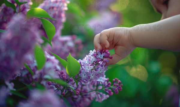 A child reaching out to touch a blooming lilac flower AI generated