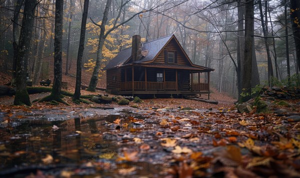 A cozy cabin nestled in a lush forest, surrounded by mist and raindrops glistening on the leaves AI generated