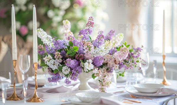 A floral arrangement featuring lilacs and laburnums on a dining table AI generated