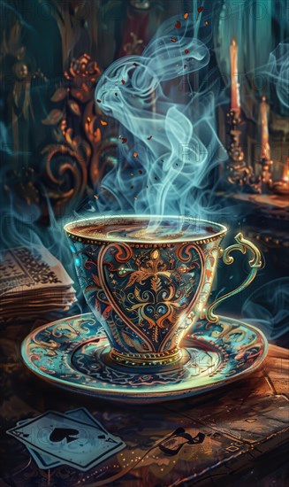 A cup of coffee is sitting on a table with a deck of cards nearby. The steam from the coffee is rising and filling the room. The scene is cozy and inviting, with the warmth of the coffee AI generated