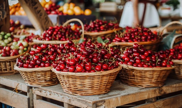 Closeup view of rip cherries selling on city market AI generated