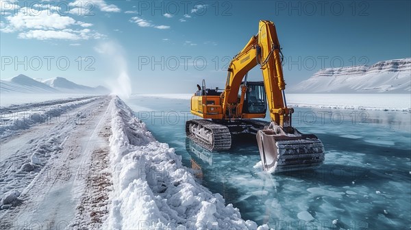 Lithium mining in a white salt lake in South America, AI generated