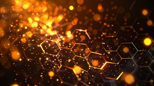 Golden geometric hexagons with a dynamic, particle-infused aesthetic, ai generated, AI generated