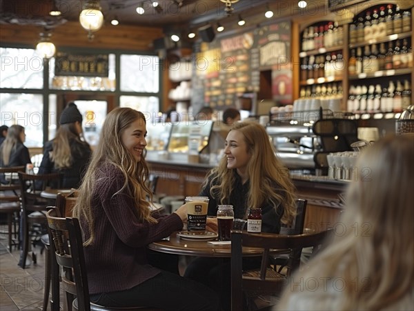 Zwei froehliche Frauen unterhalten sich in einem Cafe mit warmem Innenambiente, Lifestyle in Paris, Frankreich, AI generiert, AI generated