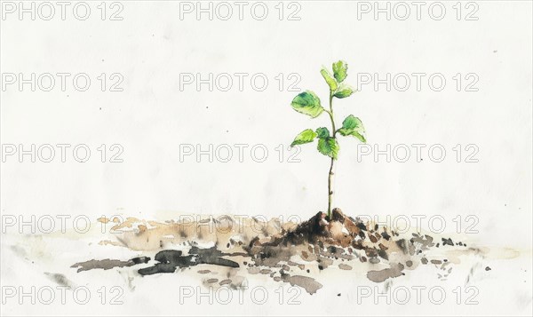 Watercolor illustration of a small tree sprout emerging from the ground AI generated