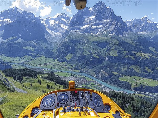 Blick aus dem Cockpit eines Hubschraubers auf gruene Taeler und Berge an einem sonnigen Tag, Rettungshubschrauber im Einsatz, AI generiert, AI generated