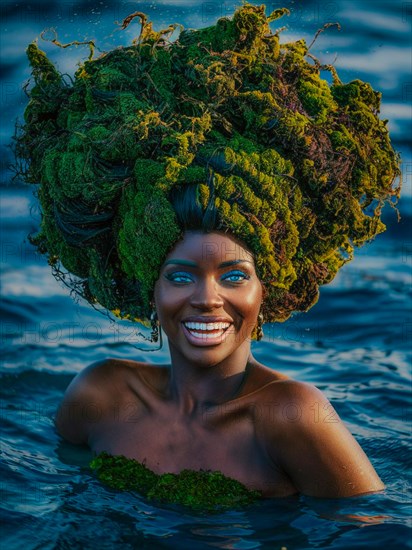 Cheerful woman laughing with moss hair, blue ocean water, and sunset, earth day concept, AI generated