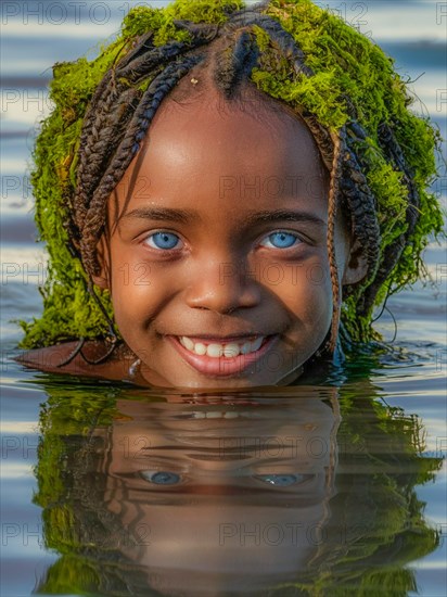 Calm girl in ocean with serene smile and seaweed crown, reflected in the water at dusk, earth day concept, AI generated
