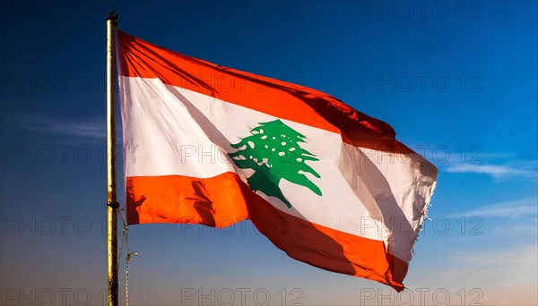 Flags, the national flag of Lebanon flutters in the wind