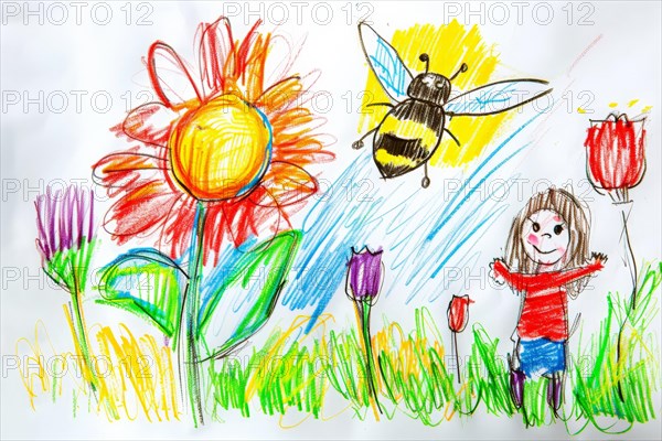 Flower meadow with bees, drawing with coloured pencils by a child of preschool age, primary school age, AI generated, AI generated, AI generated