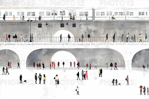 Illustrative depiction of urban life featuring a bridge and public transport, illustration, AI generated