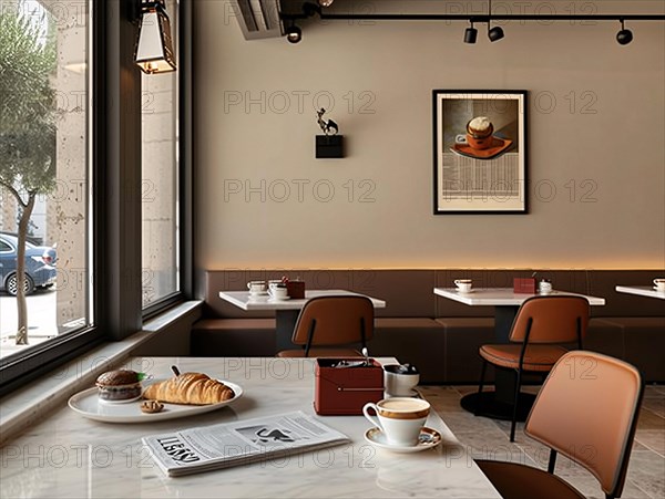 Modern cafe with minimalist design, large windows allowing natural light, and an atmosphere of quiet elegance, coffee shop, Rome, Italy, AI generated, Europe