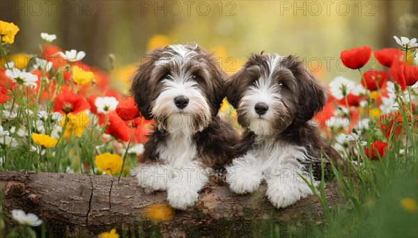 KI generated, animal, animals, mammal, mammals, bobtail, (Canis lupus familiaris), dog, dogs, bitch, dog breed from England, two puppies lying in a flower meadow