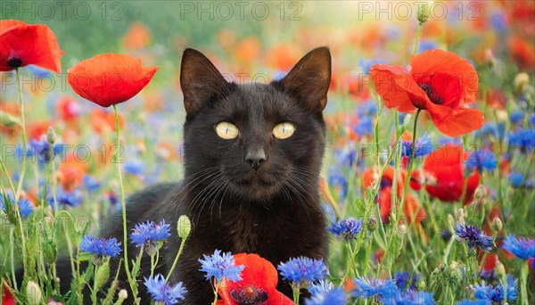 KI generated, animal, animals, mammal, mammals, cat, felidae (Felis catus), lying in a meadow with flowers, cornflowers, poppies