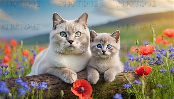 KI generated, animal, animals, mammal, mammals, cat, felidae (Felis catus), a cat and a kitten resting in a meadow with colourful flowers