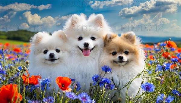 KI generate, animal, animals, mammal, mammals, dwarf spitz, Spitz, (Canis lupus familiaris), dog, dogs, bitch, Pomeranians, a bitch and two puppies sitting in a meadow with poppies and cornflowers