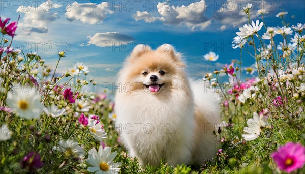 KI generated, animal, animals, mammal, mammals, one, single animal, dwarf spitz, Spitz, (Canis lupus familiaris), dog, dogs, bitch, Pomeranians, flower meadow, summer