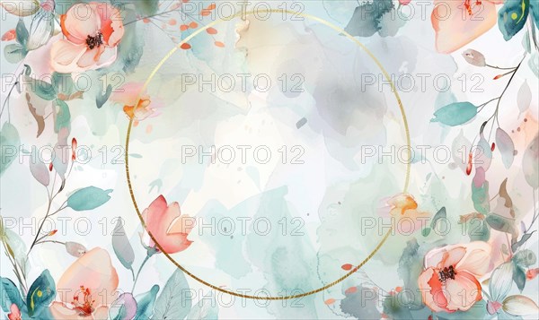 Thin golden frame on watercolor background, space for text AI generated