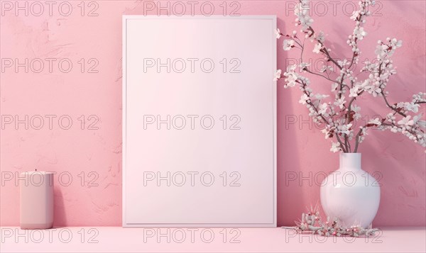 Flat background with blank poster mockup on pink wall AI generated