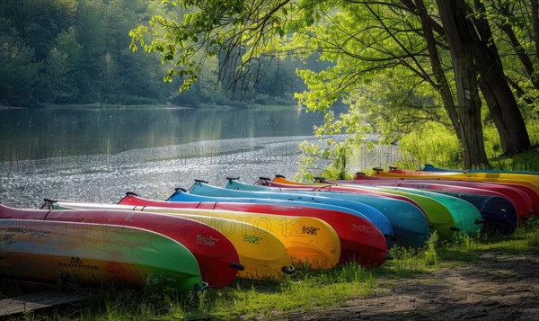 A row of colorful canoes parked beside a sparkling spring river AI generated