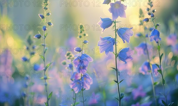 Bellflowers blooming in a cottage garden, closeup view, soft focus AI generated