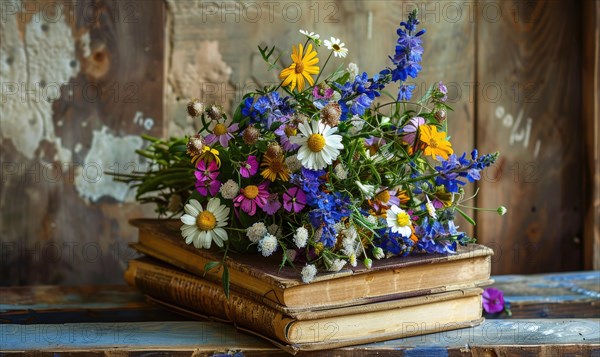 Bouquet of wildflowers placed on top of an antique book AI generated