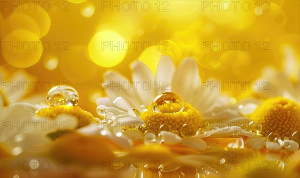 Chamomile essential oil droplets on chamomile flowers, nature beauty background AI generated