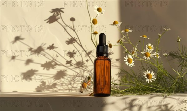 Chamomile essential oil in a dropper bottle, closeup view, skin care cosmetic mockup AI generated