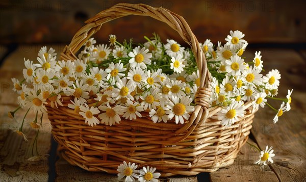 Chamomile flowers in a wicker basket AI generated