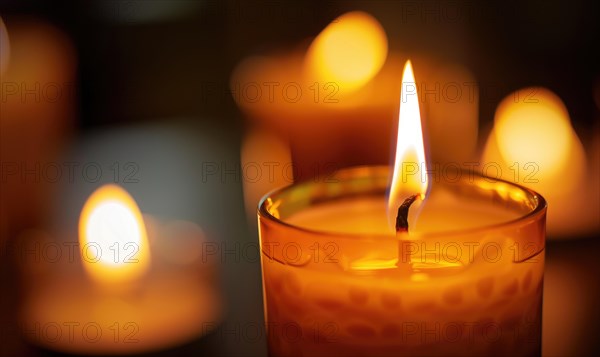 Close-up of a candle burning brightly with soft focus on the flame AI generated