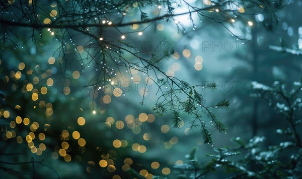 Ethereal bokeh lights diffusing through mist in a mystical woodland, nature background AI generated