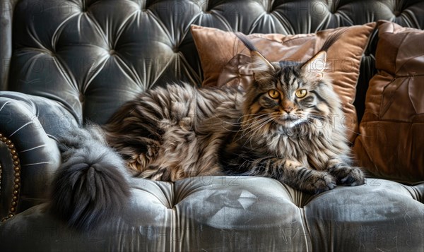 Majestic Maine Coon cat lounging on a plush velvet cushion AI generated