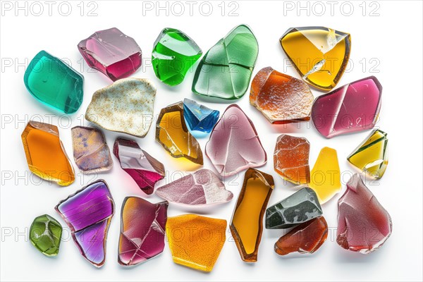 Assorted colorful pieces of broken recycled glass spread out, AI generated