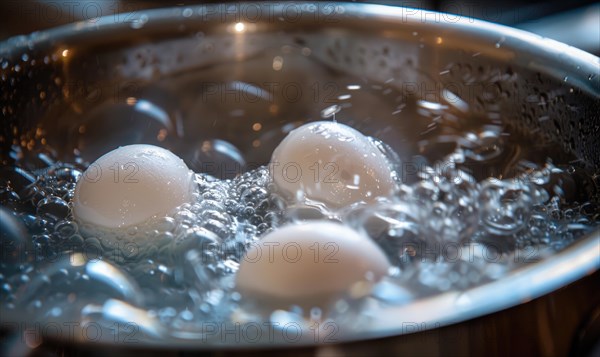 Eggs boiling in a pot of water, closeup view AI generated