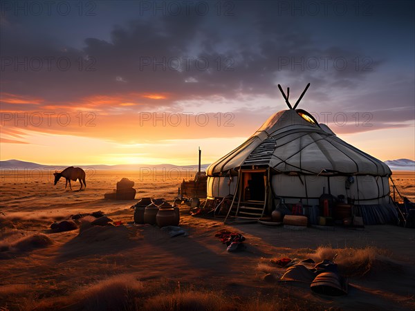 Traditional mongolian yurt in the mongolian desert, AI generated