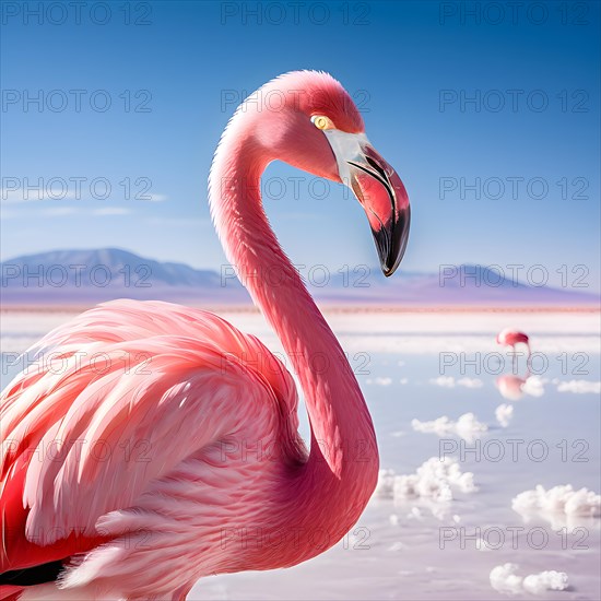 Flamingo portrait against atacama desert salt flats, AI generated