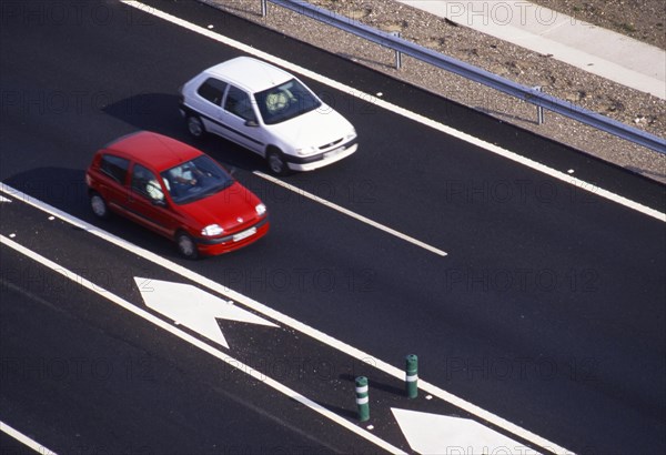 Traffic on the highway in Malaga region, Andalusia, Spain, Southern Europe. From above. Scanned thumbnail slide, Europe