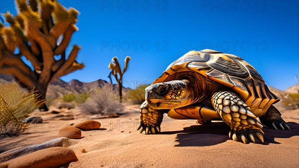 Desert tortoise traversing joshua tree wilderness in the mojave desert, AI generated