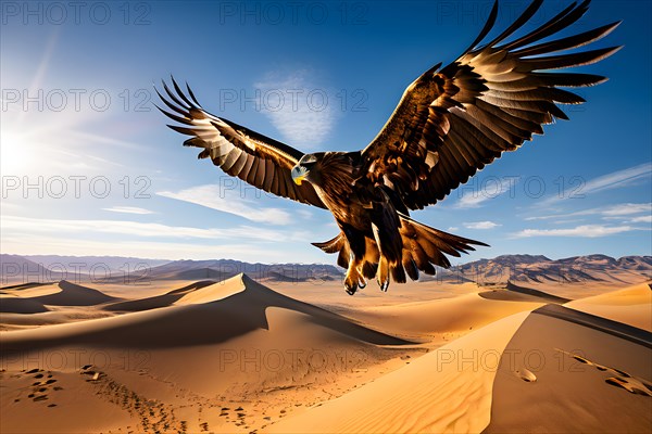 Golden eagle in sun kissed sand dune talons gripping the gobi deserts, AI generated