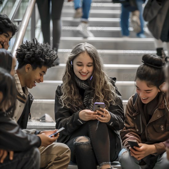 Many students sit close together on a staircase and talk on cell phones, photo quality Job ID: 560557eb-2e24-47db-9ab6-c653574ceb75, KI generiert, AI generated
