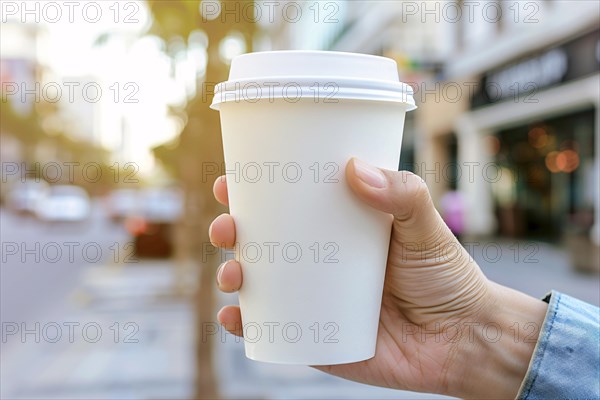 Person's hand holding white disposable coffee cup with blurry city in background. KI generiert, generiert, AI generated