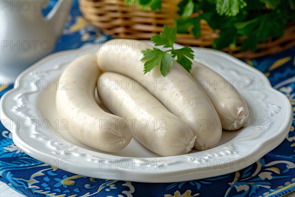 Plate with white 'Weisswurst' sausages, a traditional boiled Bavarian sausage, KI generiert, generiert, AI generated