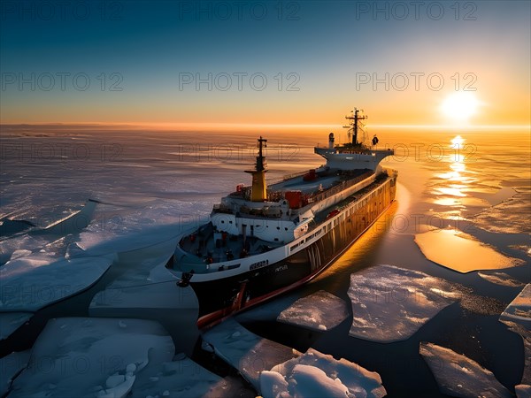 Aerial view of churned ice and open water trailing an icebreaker through pristine icy wilderness, AI generated