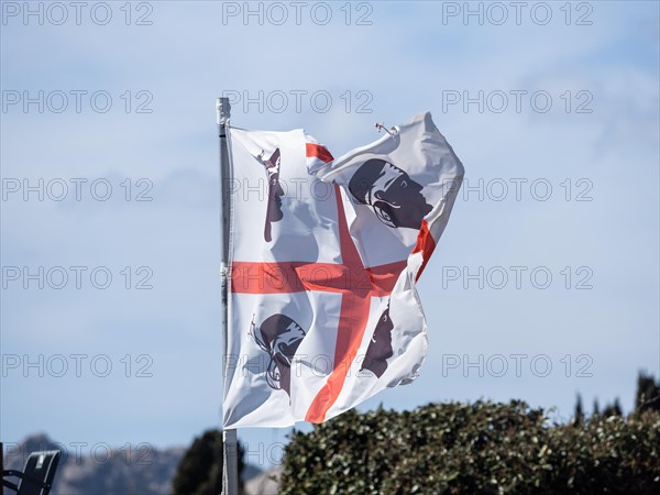 Waving flag of Sardinia, near Olbia, Sardinia, Italy, Europe