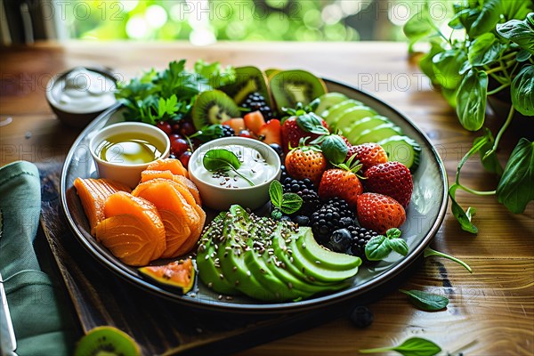 Healthy breakfast plate with smoked salmon, avocado, fruits, berries, and nutritious seeds, AI generated