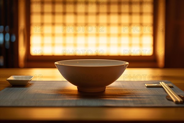 A simple Japanese rice bowl set against a warm, traditional backdrop, AI generated