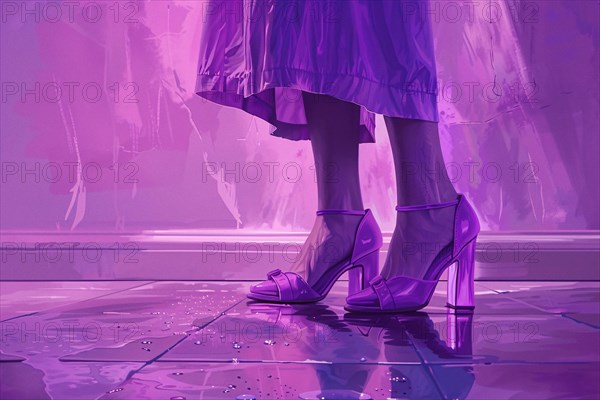 Illustration of legs in high heels standing on reflective wet surface in purple tones, AI generated