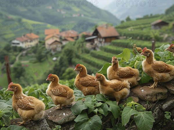 Chickens perched on a stone wall with lush green foliage and a village behind, AI generiert, AI generated
