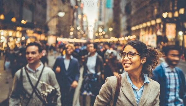 A smiling woman in casual clothing enjoys the busy urban atmosphere of a city street, rush hour commuting time, sunset, blurry cityscape, bokeh effect, AI generated